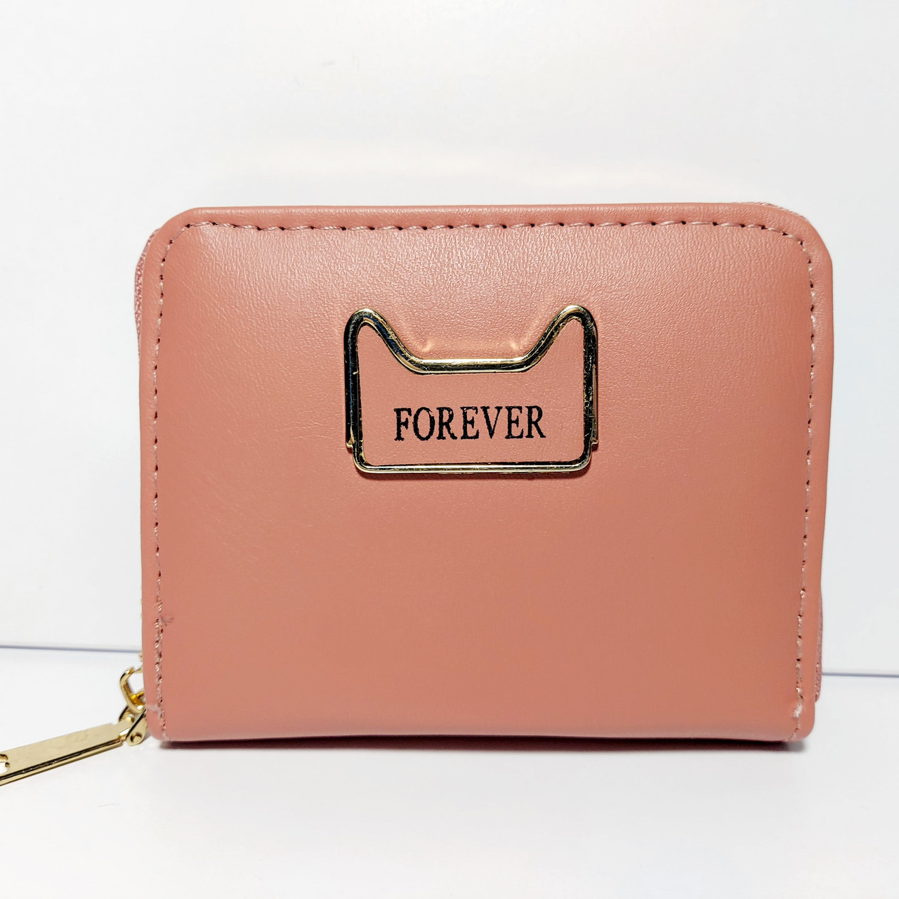 Гаманець маленький на блискавці пудровий із декором кот 09, фото 1