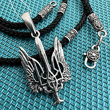 Срібний Герб України із крилами та чорним шовковим шнурком із вставками 925 проби