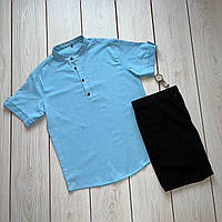 Костюм мужской льняной летний Рубашка + Шорты Boss V голубой-черный | Комплект лен повседневный ТОП качества