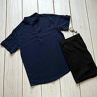 Костюм мужской льняной летний Рубашка + Шорты Boss V синий-черный | Комплект лен повседневный ТОП качества