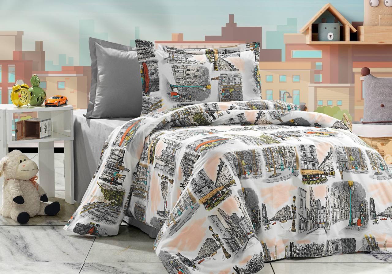 Постільна білизна Королева Ночі (Ранфорс Premium) | Євро комплект | 50х70 | Місто на бежевому та сірому, фото 1