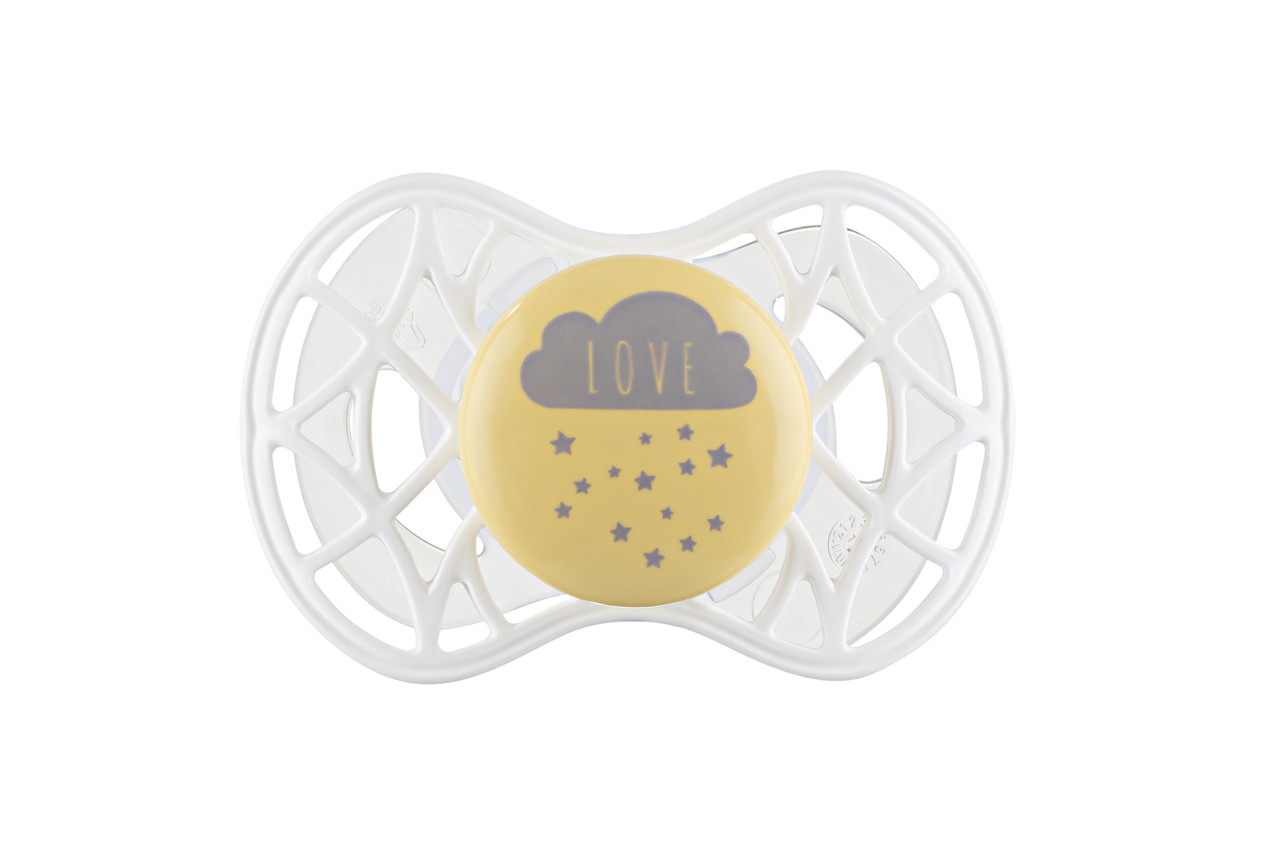 Пустушка Nuvita 7084 Air55 Cool ортодонтична 6m+ "LOVE" жовто-сіра