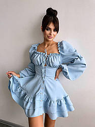 Повітряна жіноча міні сукня з воланами на ґудзиках креп костюмка Smb8548