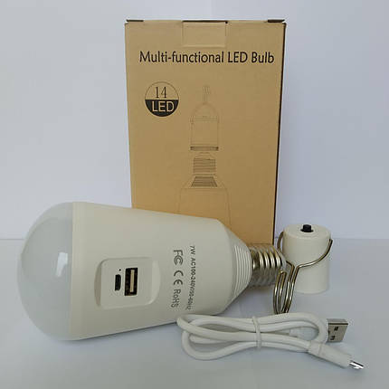 LED Лампа акумуляторна з USB. Функція повербанк (акум. 3,7V/2600 мАг). Цоколь E27 100-265V, фото 2