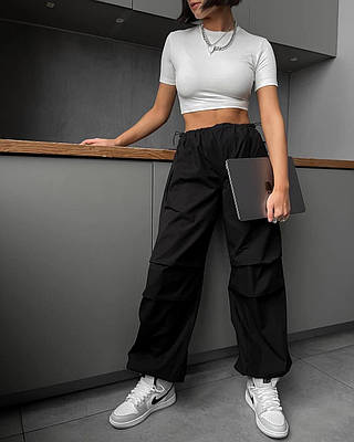 Жіночі широкі штани карго на затяжках із кишенями з плащової тканини (чорні, бежеві) 42-44, 44-46 розміри