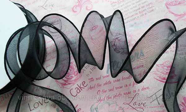 Стрічка органза 30 мм  з прошитим кантом, чорна. №05