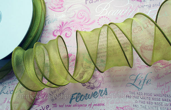 Стрічка органза 30 мм  з прошитим кантом, оливкова. №08