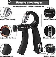 Еспандер кистьовий з лічильником від 0 до 99 пружинний та регульованим навантаженням 5 - 60 кг Black, фото 7