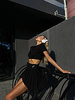 Женский молодежный базовый повседневный костюм юбка тенниска и футболка поло (белый, черный) Чёрный, 42/44