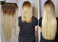 Волосы трессы на заколках КАК НАТУРАЛЬНЫЕ 7 прядей 65см №27Т22 теплый блонд с карамельными корнями