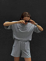 Женский костюм оверсайз Найк футболка+шорты 42/46 черный серый белый голубой из двухнити Меланж
