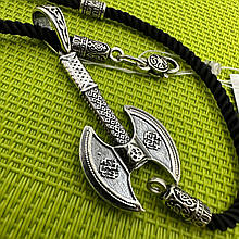Оберіг амулет Сокира Перуна з чорним шовковим шнурком срібло 925 проби