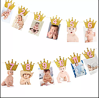 Гирлянда Растяжка Для Детских Фото По Месяцам с 1 по 12 месяцев Золотая Корона розовые цифры