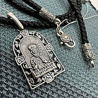 Комплект шелковый шнурок с кулоном Святой Николай серебро черненое 925 проба