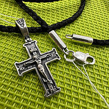 Чорний шовковий шнурок із невеликим хрестиком срібло чорнене 925 проба