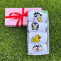 Комплект носков женских длинных хлопковых демисезонных с милым принтом 36-41 4 пары в подарочной коробке MS