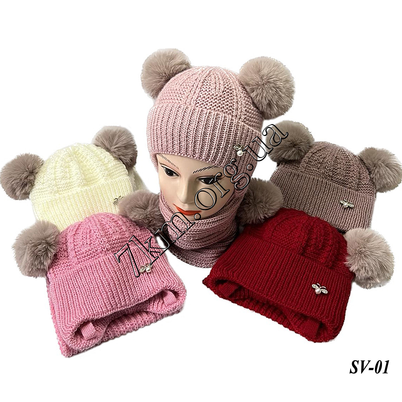 Набір дитячого в'язання шапка на флісі + шарф для дівчаток немовлят до 2 років "Бджола" Оптом SV-01, фото 1