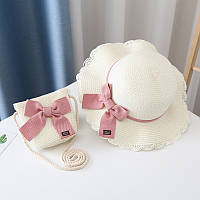 Комплект детская солнцезащитная соломенная шляпа канотье и соломенная сумочка цвет белый декор розовый бант