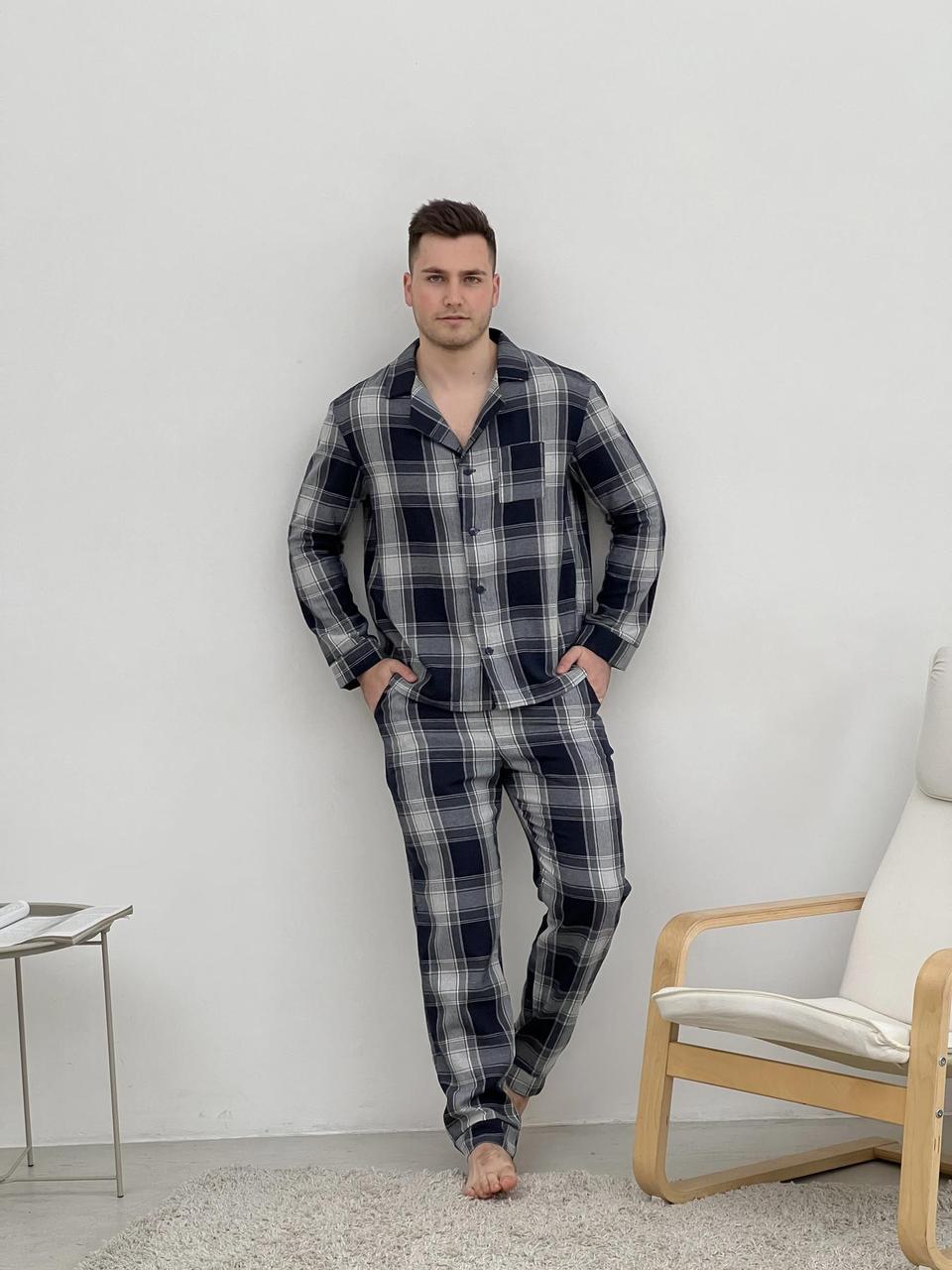 Піжама чоловіча COSY з фланелі (штани+сорочка) клітина темно синій/сірий