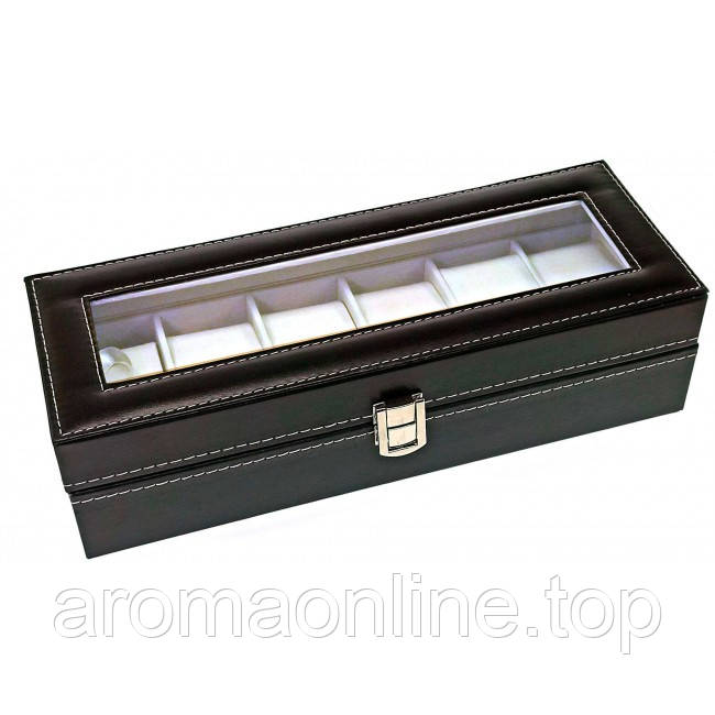 Скринька для годинників, гладка чорна еко шкіра, місткість шість годин, фото 1