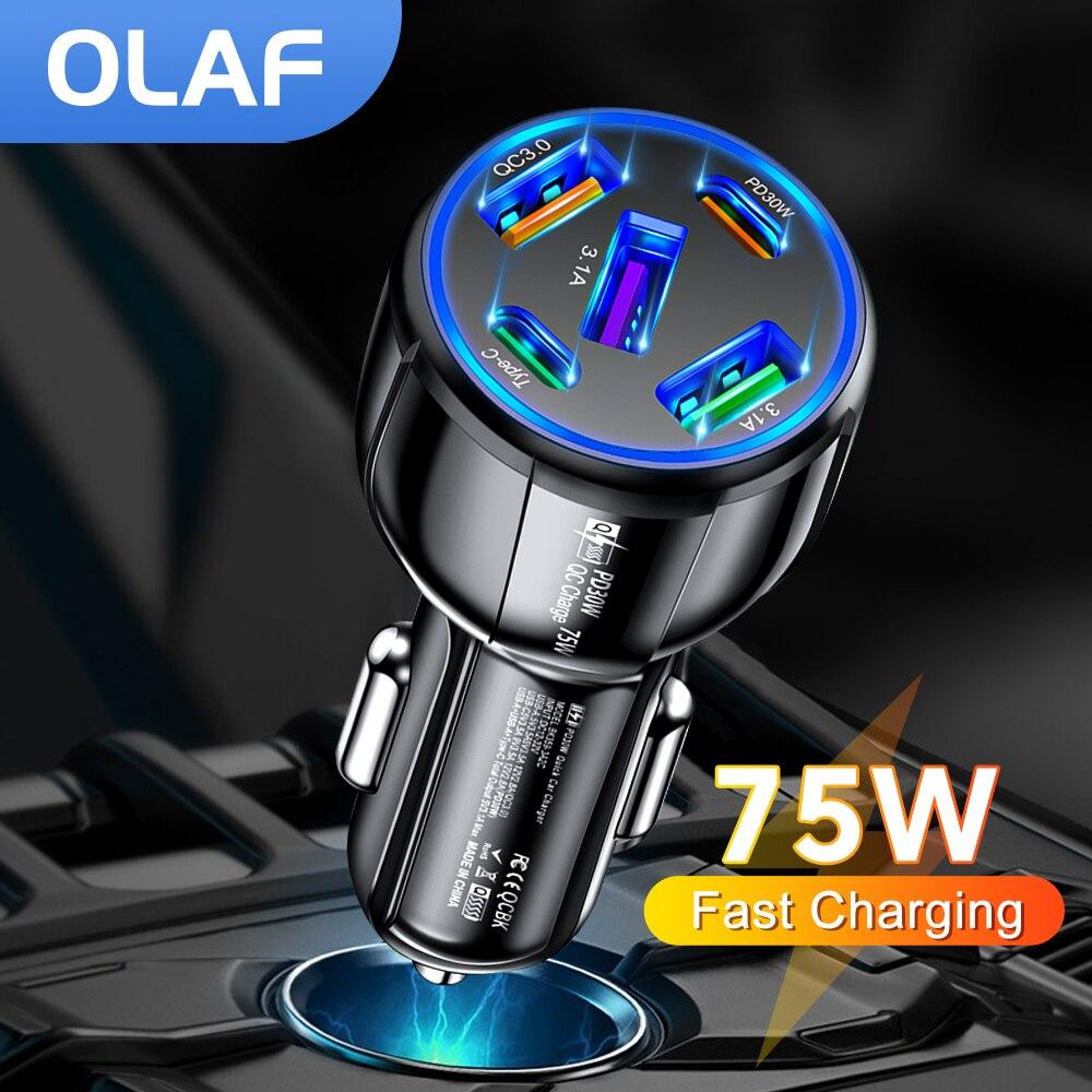 Заряджання USB у прикурювач на QC 3.0, 5 виходи:3 USB-виходи, 2 Type C, PD20W чорна