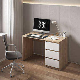 Комп'ютерний стіл, письмовий стіл з тумбою на три висувних скриньки c фасадами без ручок R-1 Дуб Сонома / Білий фасад