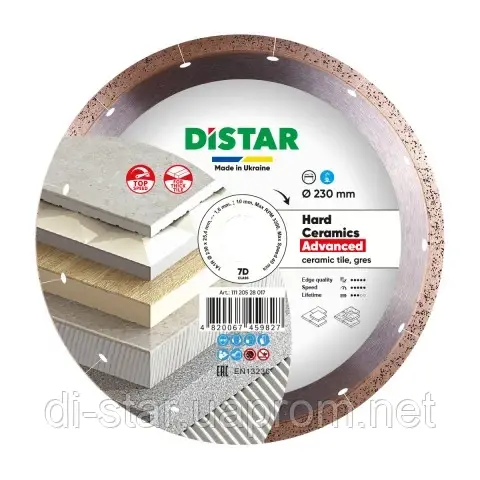 Коло алмазний Distar 1A1R Hard ceramics Advanced 230 мм суцільний диск для чистого різу кераміки (11120528017)