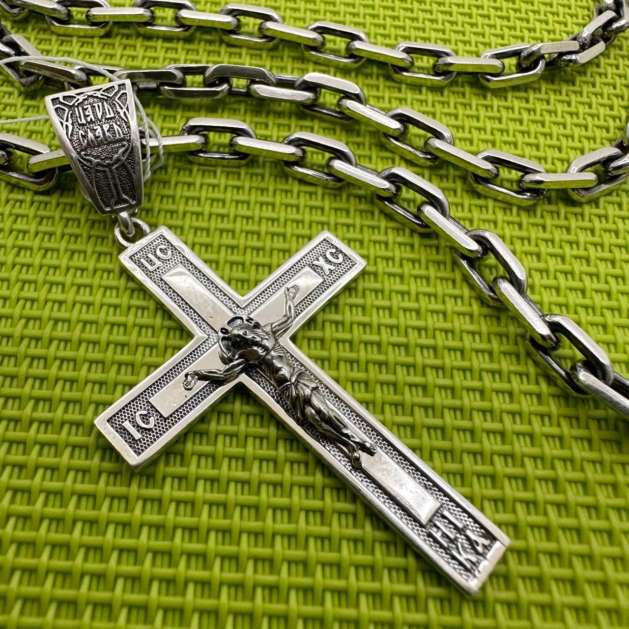 Чоловічий срібний комплект православний хрестик та якірний ланцюжок срібло 925 проби