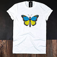 Белая женская футболка с бабочкой в нашиональных цветах Украины