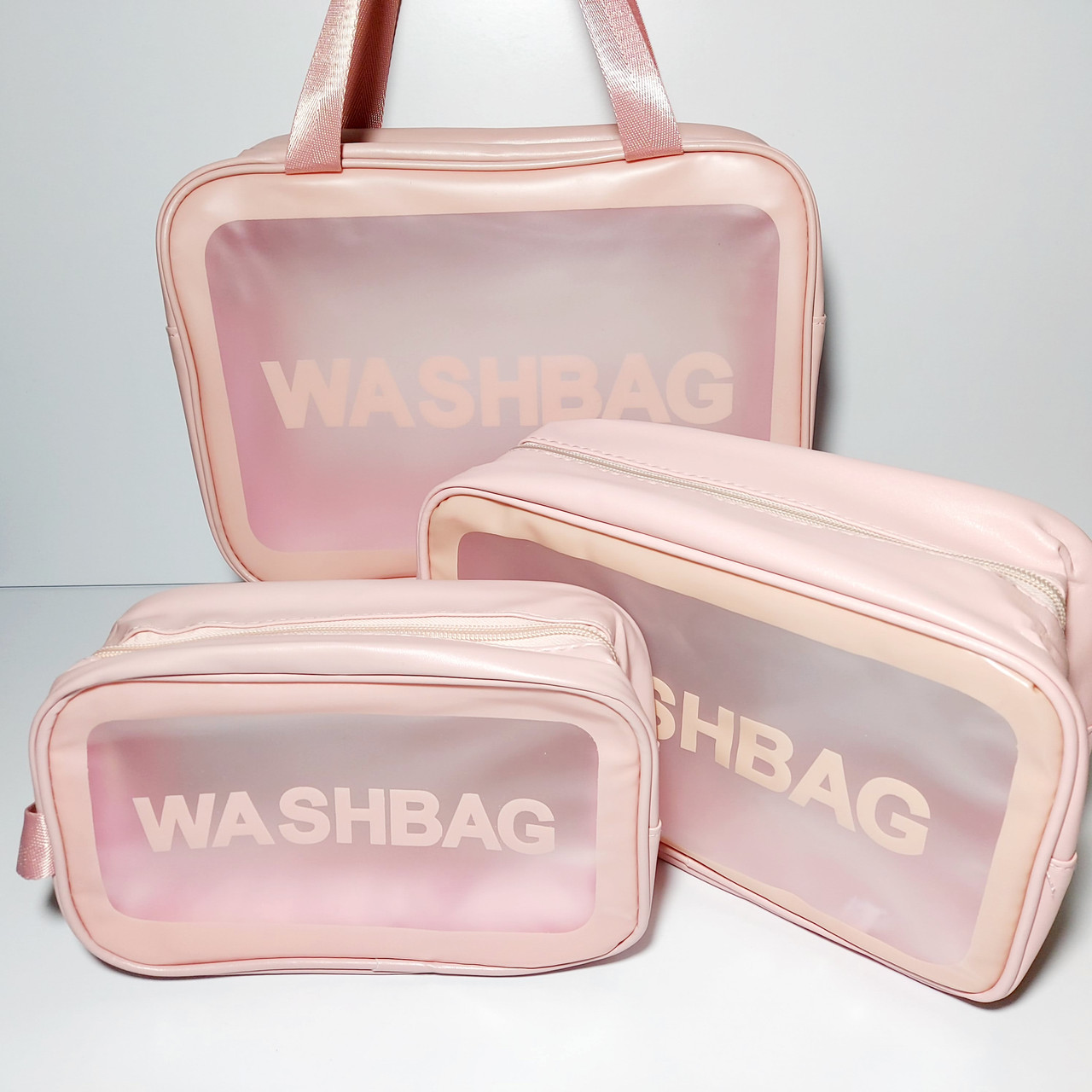 Косметички прозорі набори 3 шт. різні розміри WASHBAG рожеві, фото 1