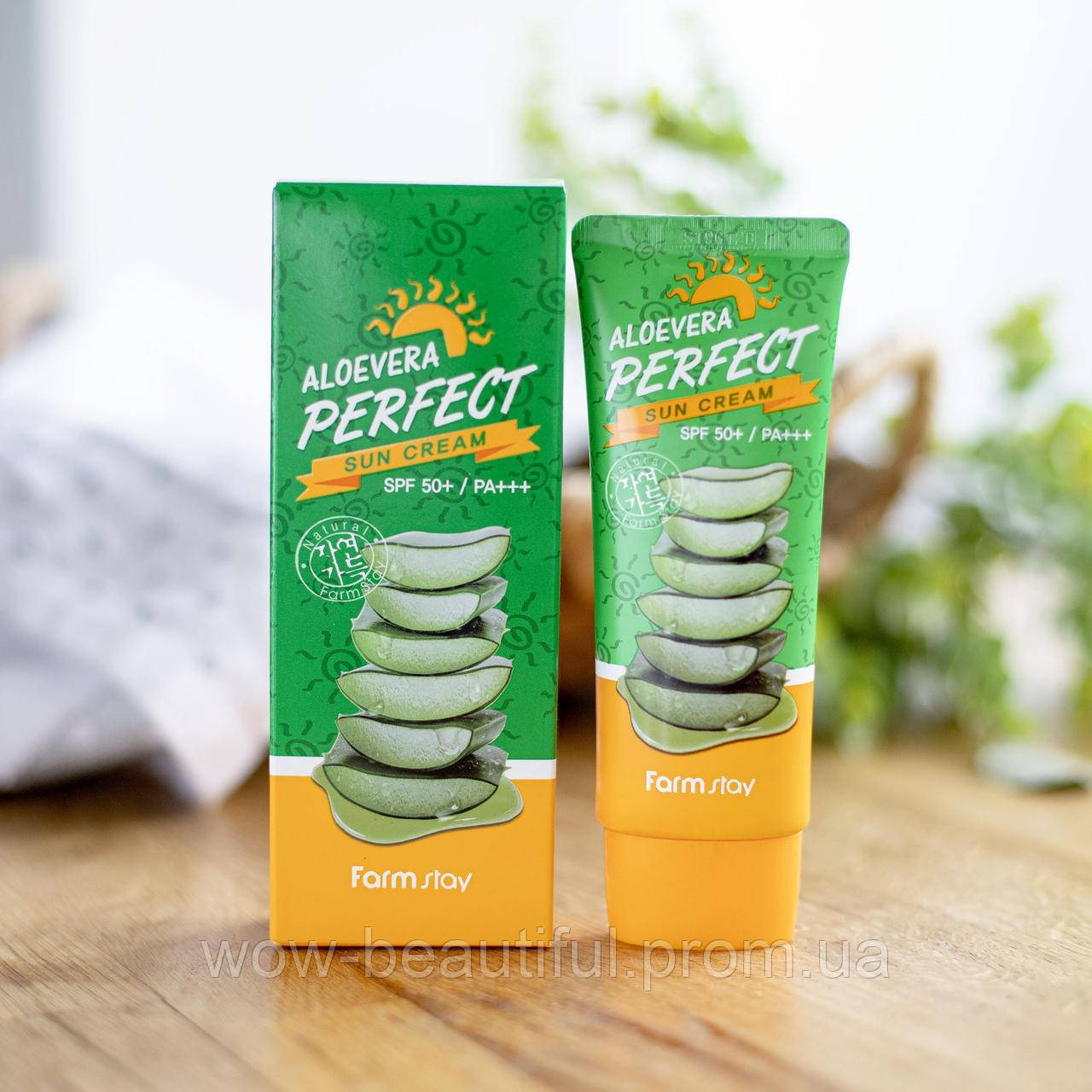 Сонцезахисний крем з Алое SPF50+ FarmStay Aloevera Perfect Sun Cream SPF 50+ PA+++, 70 г - фото 1 - id-p1668343029