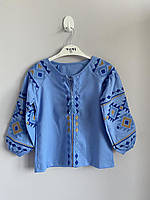 Вишиванка для дівчинки сучасна блуза лляна синя з геометричним орнаментом