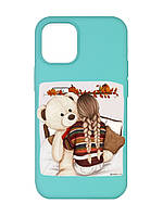 Матовый чехол с бирюзовыми боками на iPhone 12/12 Pro (6.1) :: Девочка с мишкой (принт 117)