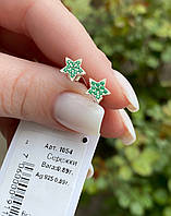Серьги-пусеты в серебре в форме звездочек с зелеными фианитами Юния