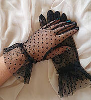 Женские фатиновые перчатки в горох сетка чёрные вечерние