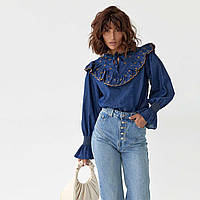 Женская блуза Moderika Рюшка на джинсовой ткани с вышивкой M