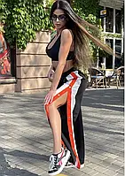 Женские спортивные штаны на кнопках чёрные с белыми с оранжевым лампасами 42-44 46-48 50-52
