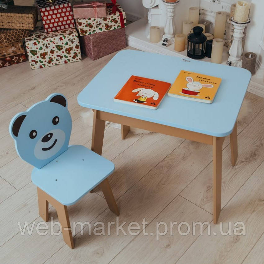 Дерев'яний дитячий столик і стільчик для навчання або гри Кришка з підіймальним механізмом, блакитний від 1,5 року