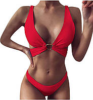 Модный красный летний женский купальник на завязках лиф