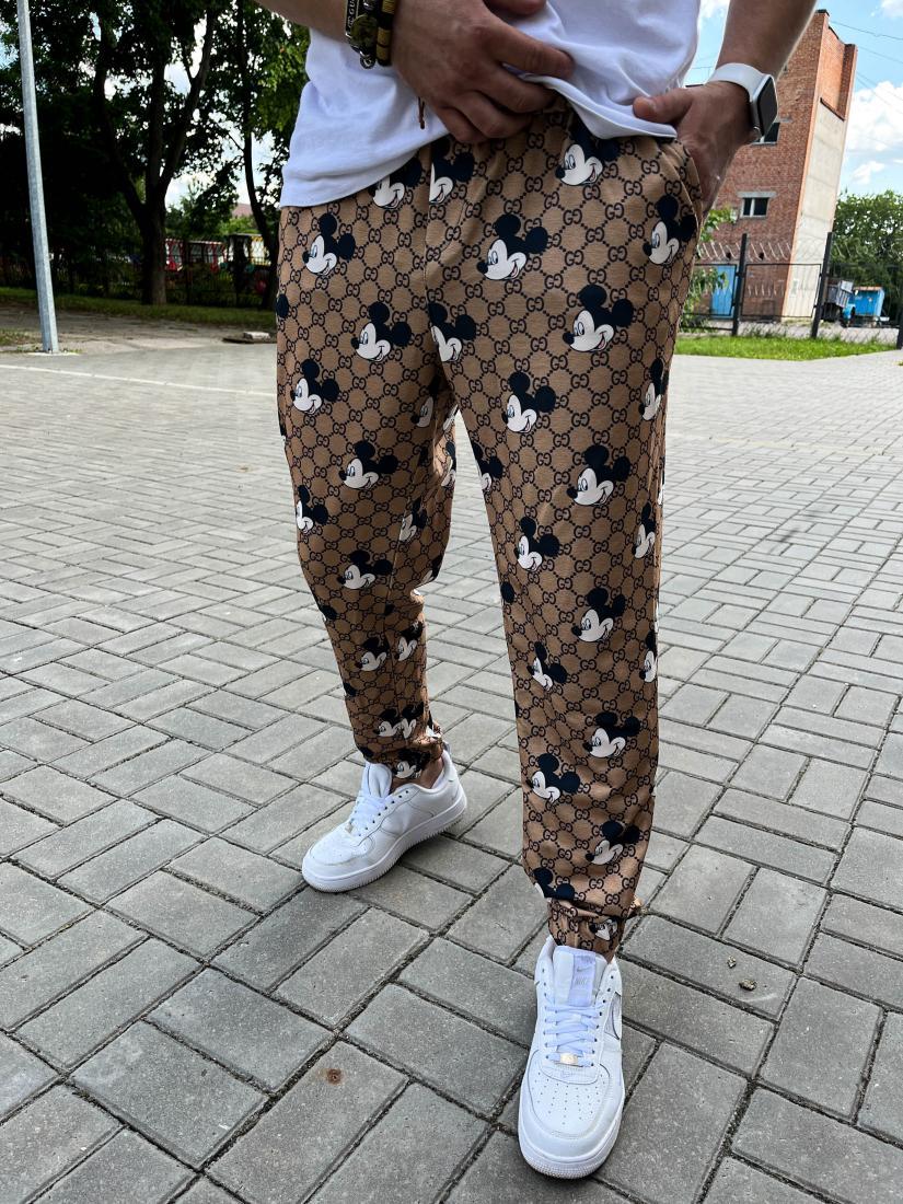 Спортивні штани чоловічі бежеві весна-осінь з принтом Gucci Mickey Mouse (Міккі Маус)