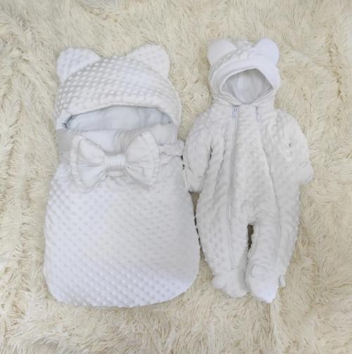 Демісезонний плюшевий комплект для новонароджених спальник + комбінезон, білий, фото 1
