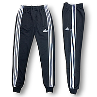 Штаны спортивные мужские с манжетом двунитка пенье Adidas 3 полоски, размеры 46-54, синие, 4067