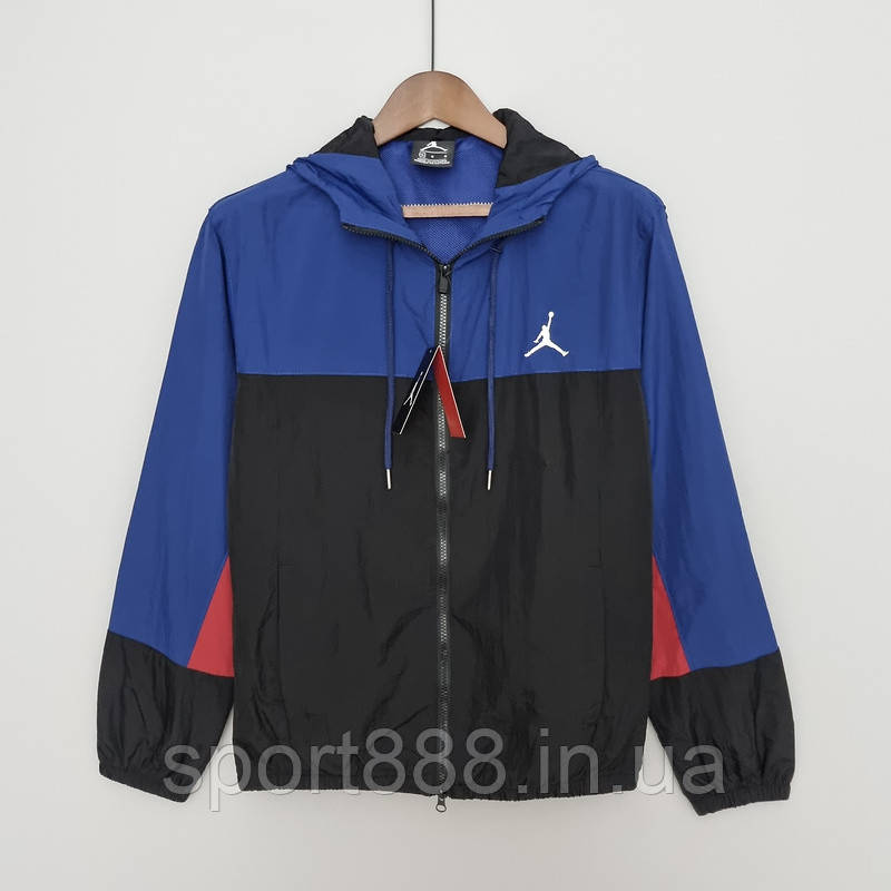Чоловіча куртка вітровка Джордан чорно-синя Jordan спортивна повсякденна вільна куртка з капюшоном