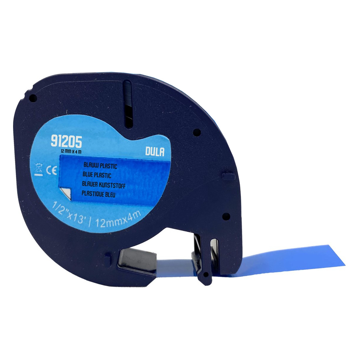 Синя універсальна стрычка 12мм 4м сумісна з Dymo LT 91205 / S0721650 Ukrmark D-91205 чорним на синьому