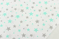 Ткань хлопковая "Звездопад" серо-мятный на белом фоне № 786