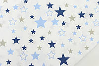 Ткань "Звездопад" синих и голубых тонов на белом фоне №49