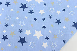 Тканина бавовняна "Зорепад" синіми та білими зірки на блакитному тлі №820
