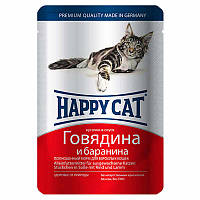 Корм консервированный (влажный) Happy Cat с говядиной и бараниной для кошек (кусочки в соусе), 100 г