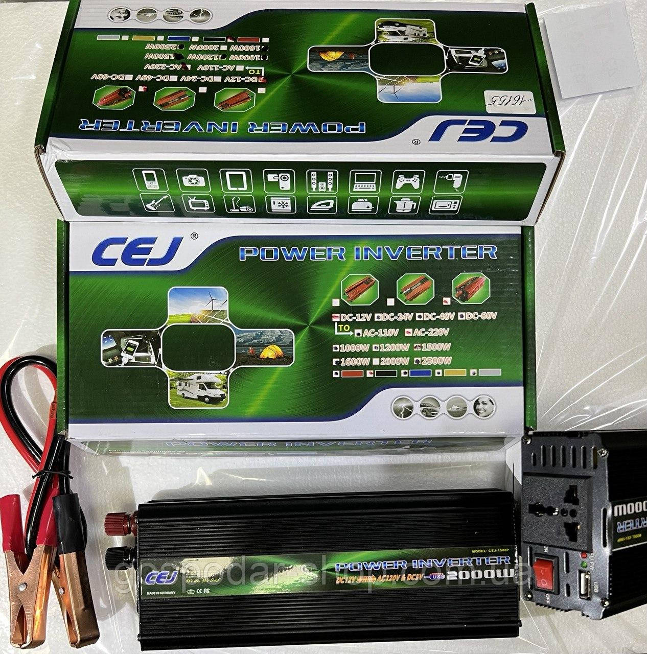 Інвертор 12 В — 220 В/USB 5 В, потужність 2000 Вт модель CEJ-1500W ...