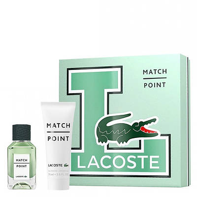 Подарунковий чоловічий парфумерний набір Lacoste Match Point, пудрові шлейфові деревно-пряні чоловічі парфуми